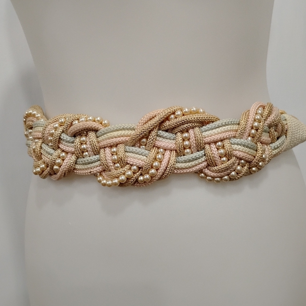 Vintage Braided Rope Belt with Pearls in Cream, Tan and Gold